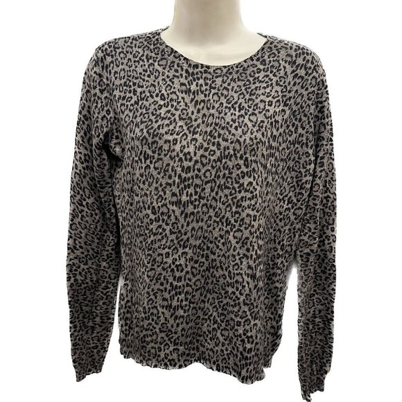 Ralph Lauren Petite Animal Print Silk Cashmere Sweater PM Gray Black - Picture 1 of 6